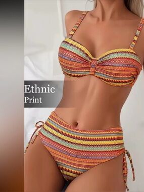 Multicolor Ethnic Print Bandeau Bikini Set